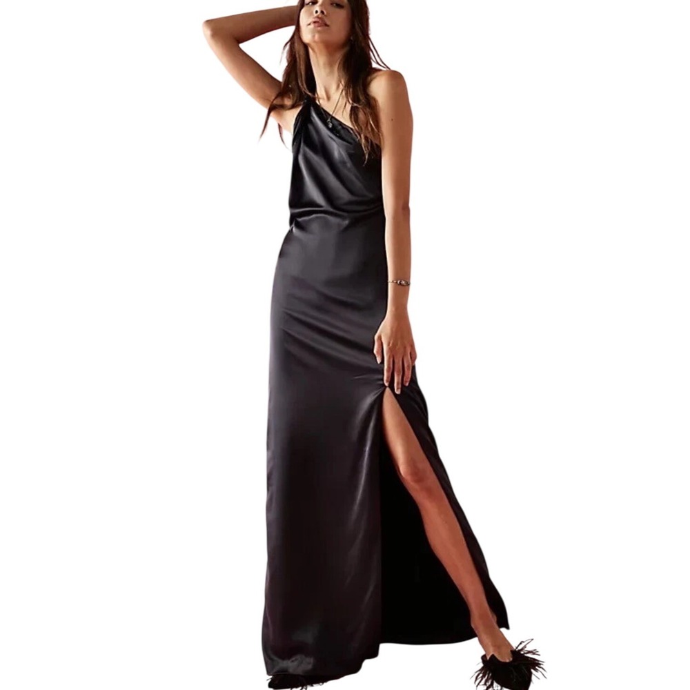 Free People Victoria Maxi Dress Size 8 Black Good One Shoulder Satin Side Slit
